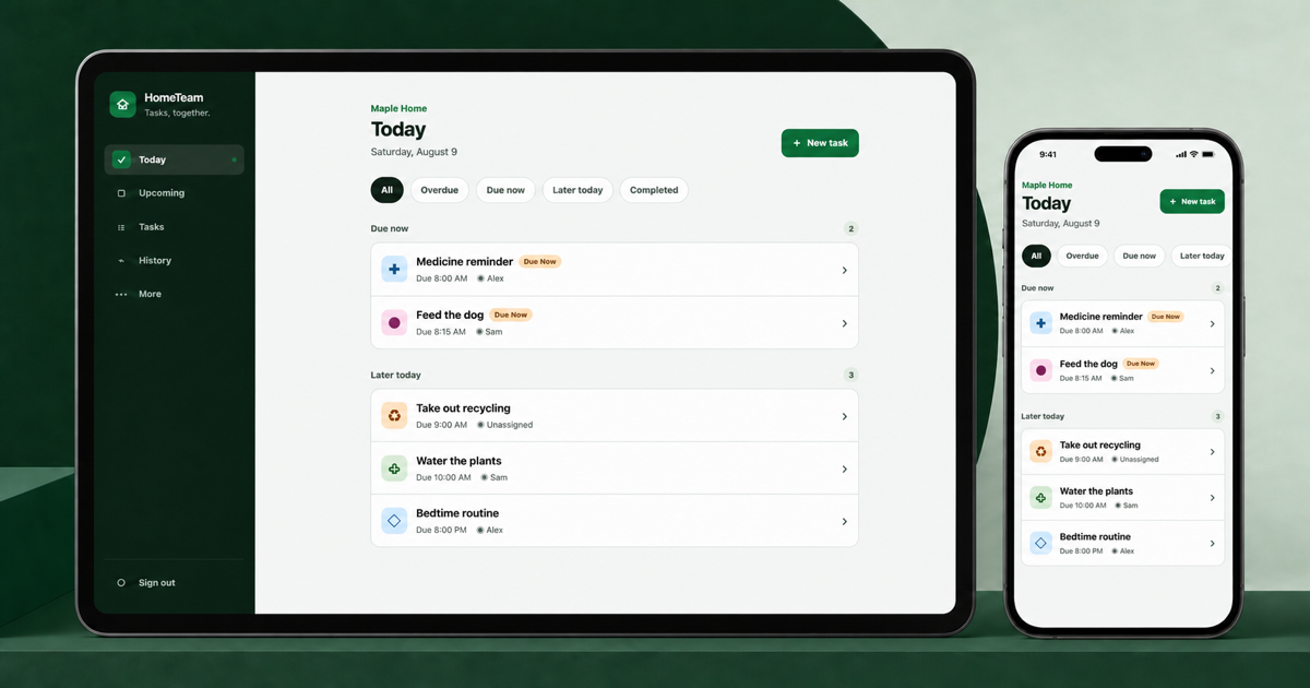 HomeTeam app showing household tasks, assignees, and daily progress.